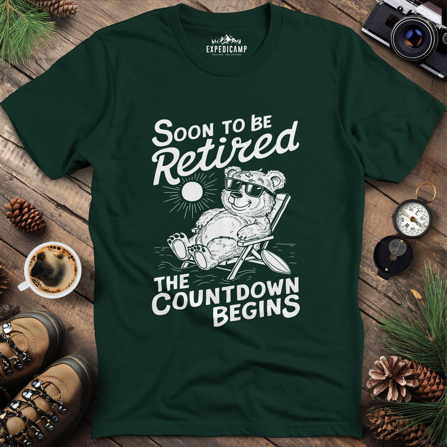 Soon To Be Retired Bear T-Shirt – Forest Green – Outdoor apparel for travel, hiking, camping, and nature lovers – ExpediCamp