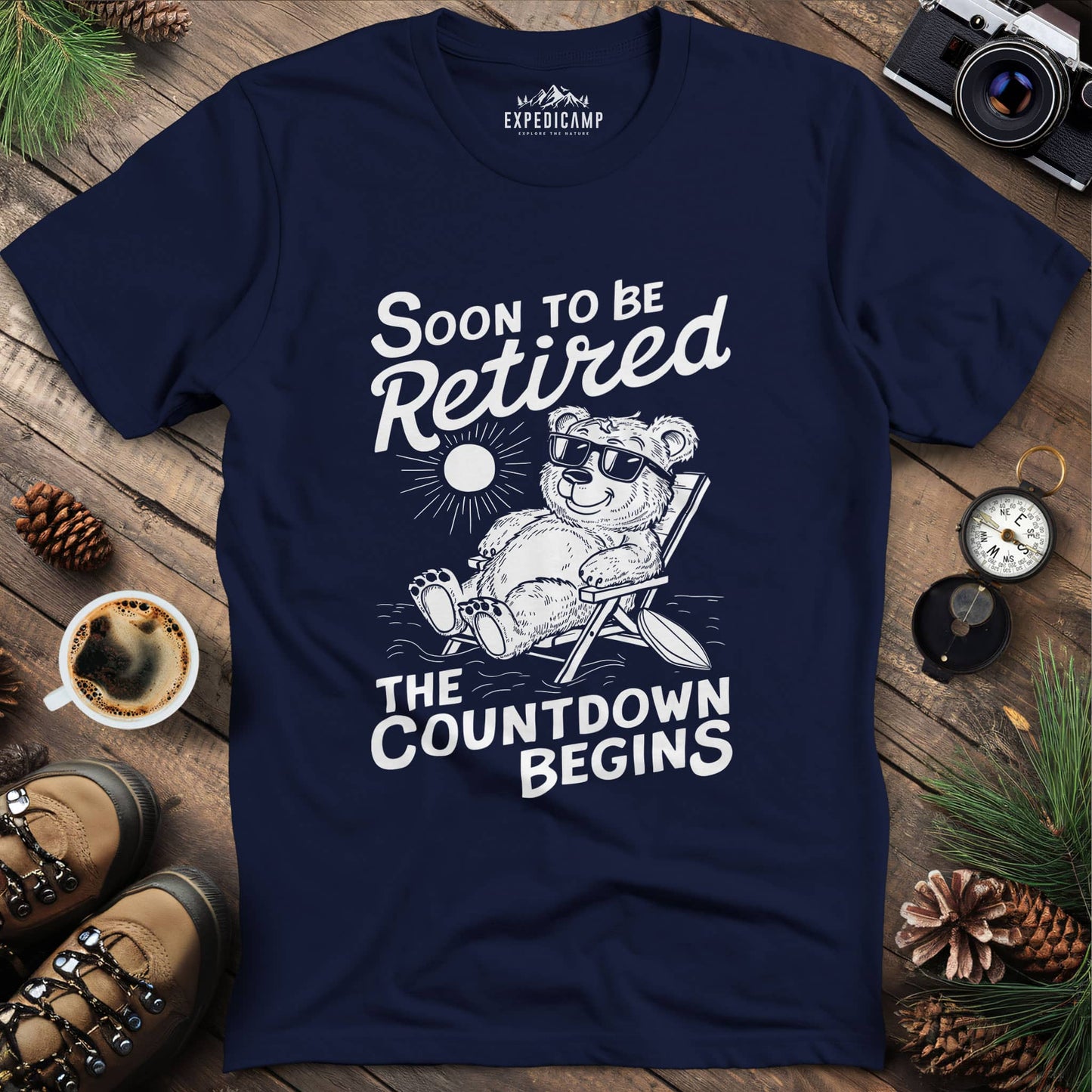 Soon To Be Retired Bear T-Shirt – Navy – Outdoor apparel for travel, hiking, camping, and nature lovers – ExpediCamp