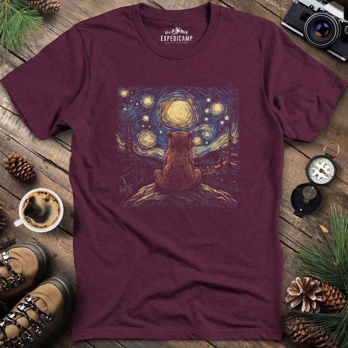 Starry Night Bear T-Shirt – Heather Maroon – Outdoor apparel for travel, hiking, camping, and nature lovers – ExpediCamp