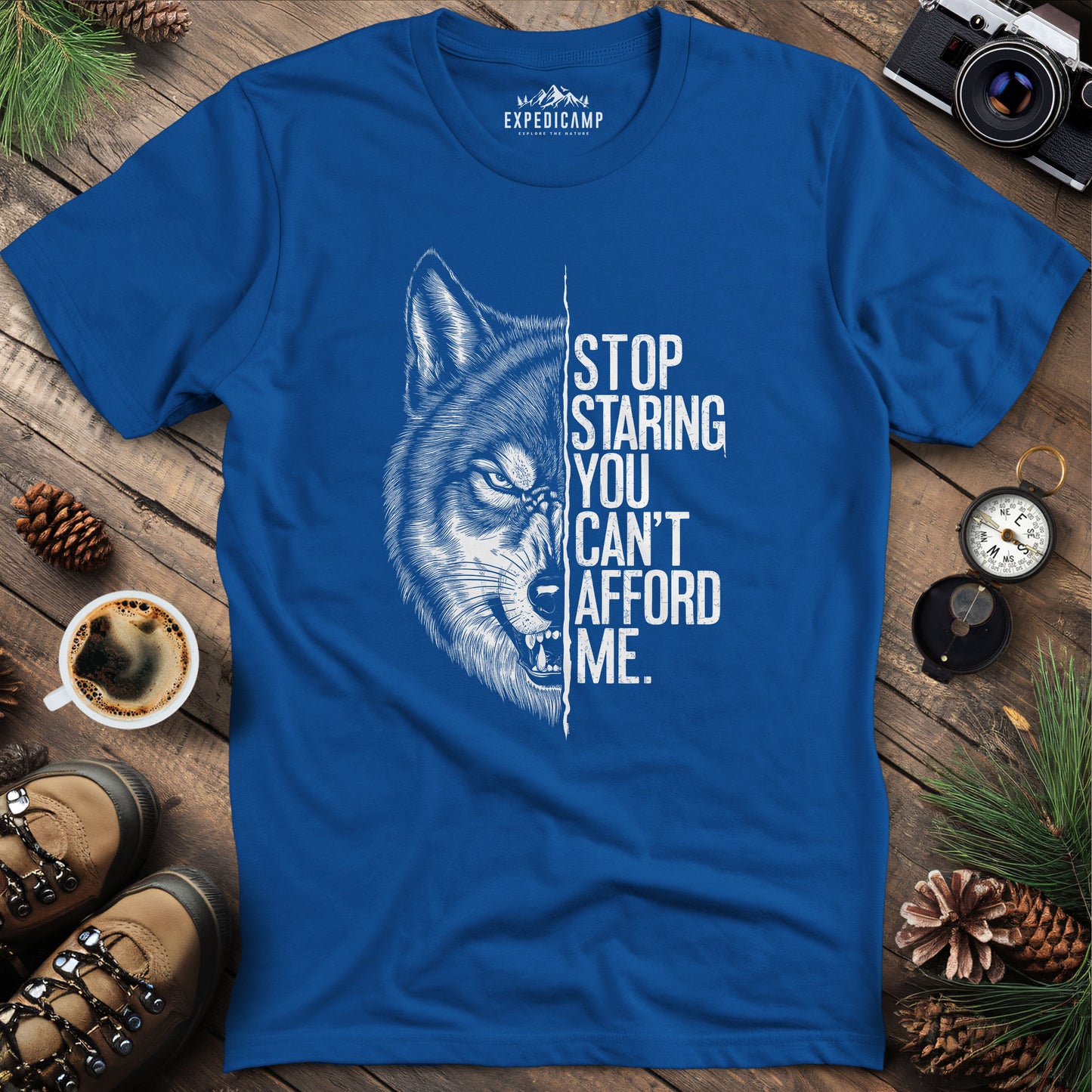 Stop Staring Wolf Attitude T-Shirt – Royal – Outdoor apparel for travel, hiking, camping, and nature lovers – ExpediCamp