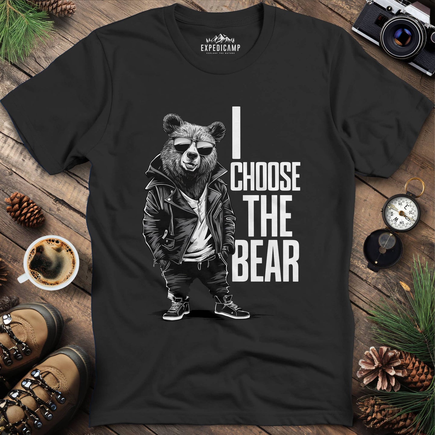 Street Style Bear in Jacket T-Shirt – Black – Outdoor apparel for travel, hiking, camping, and nature lovers – ExpediCamp