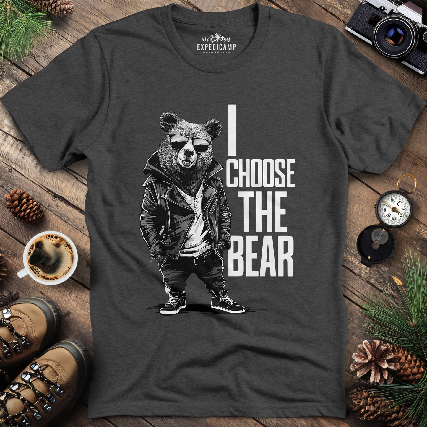 Street Style Bear in Jacket T-Shirt – Dark Heather – Outdoor apparel for travel, hiking, camping, and nature lovers – ExpediCamp