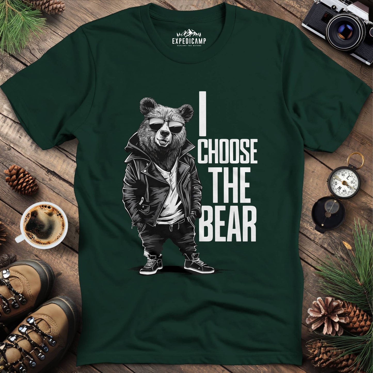 Street Style Bear in Jacket T-Shirt – Forest Green – Outdoor apparel for travel, hiking, camping, and nature lovers – ExpediCamp