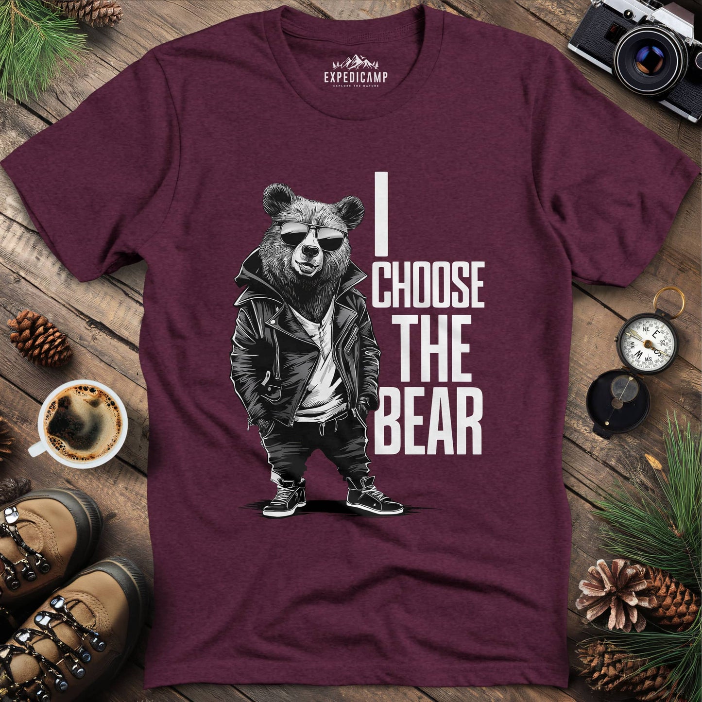 Street Style Bear in Jacket T-Shirt – Heather Maroon – Outdoor apparel for travel, hiking, camping, and nature lovers – ExpediCamp