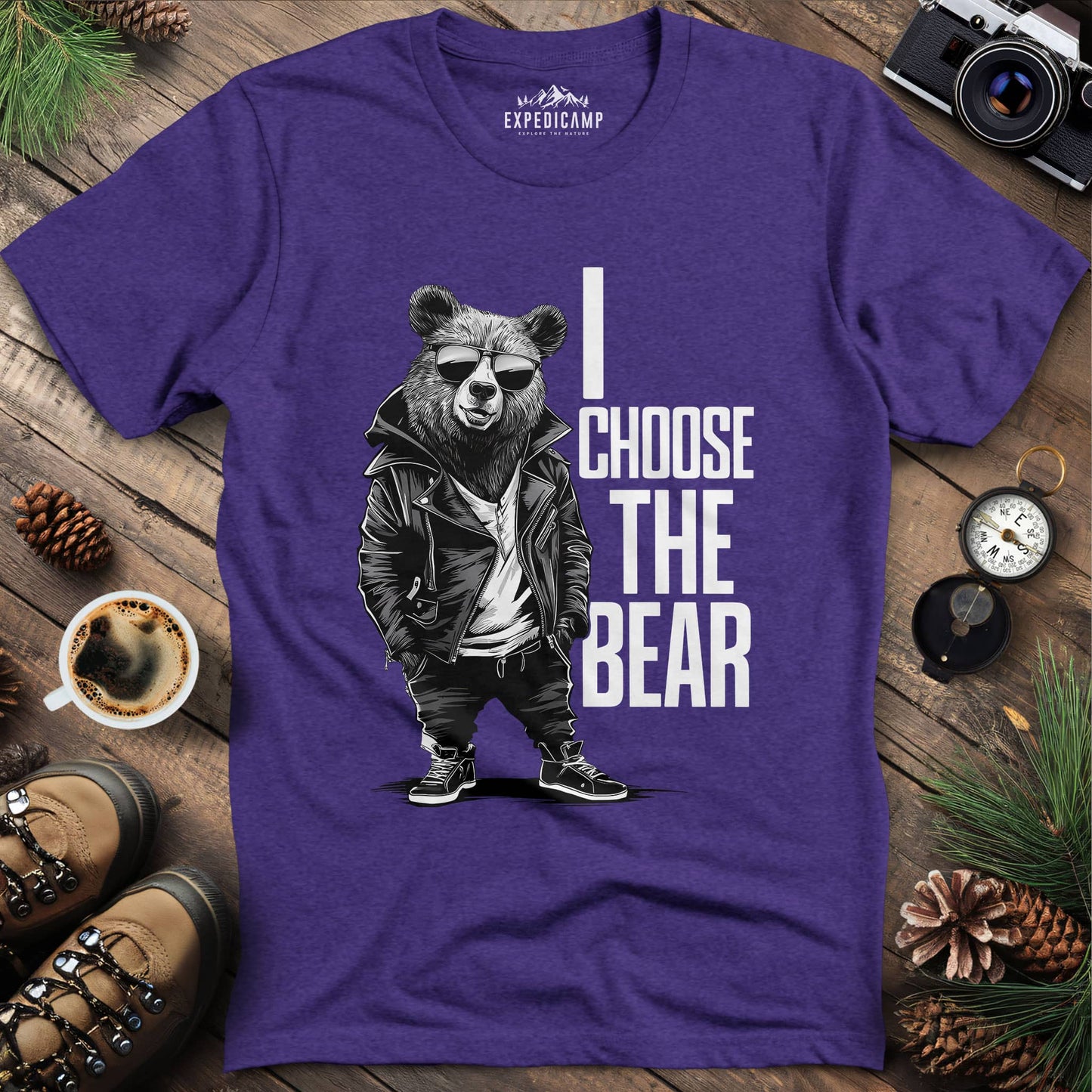 Street Style Bear in Jacket T-Shirt – Heather Purple – Outdoor apparel for travel, hiking, camping, and nature lovers – ExpediCamp