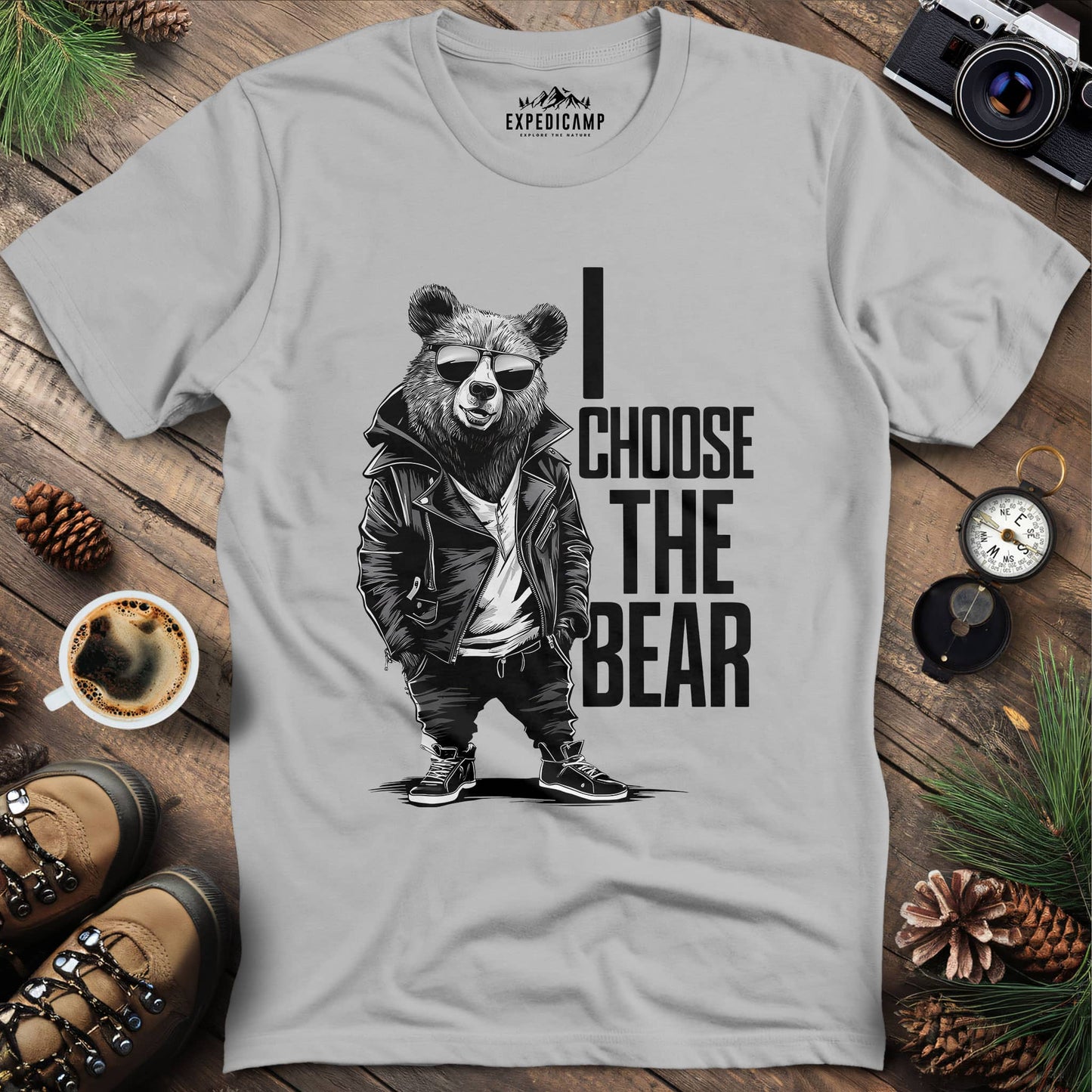 Street Style Bear in Jacket T-Shirt – Ice Grey – Outdoor apparel for travel, hiking, camping, and nature lovers – ExpediCamp