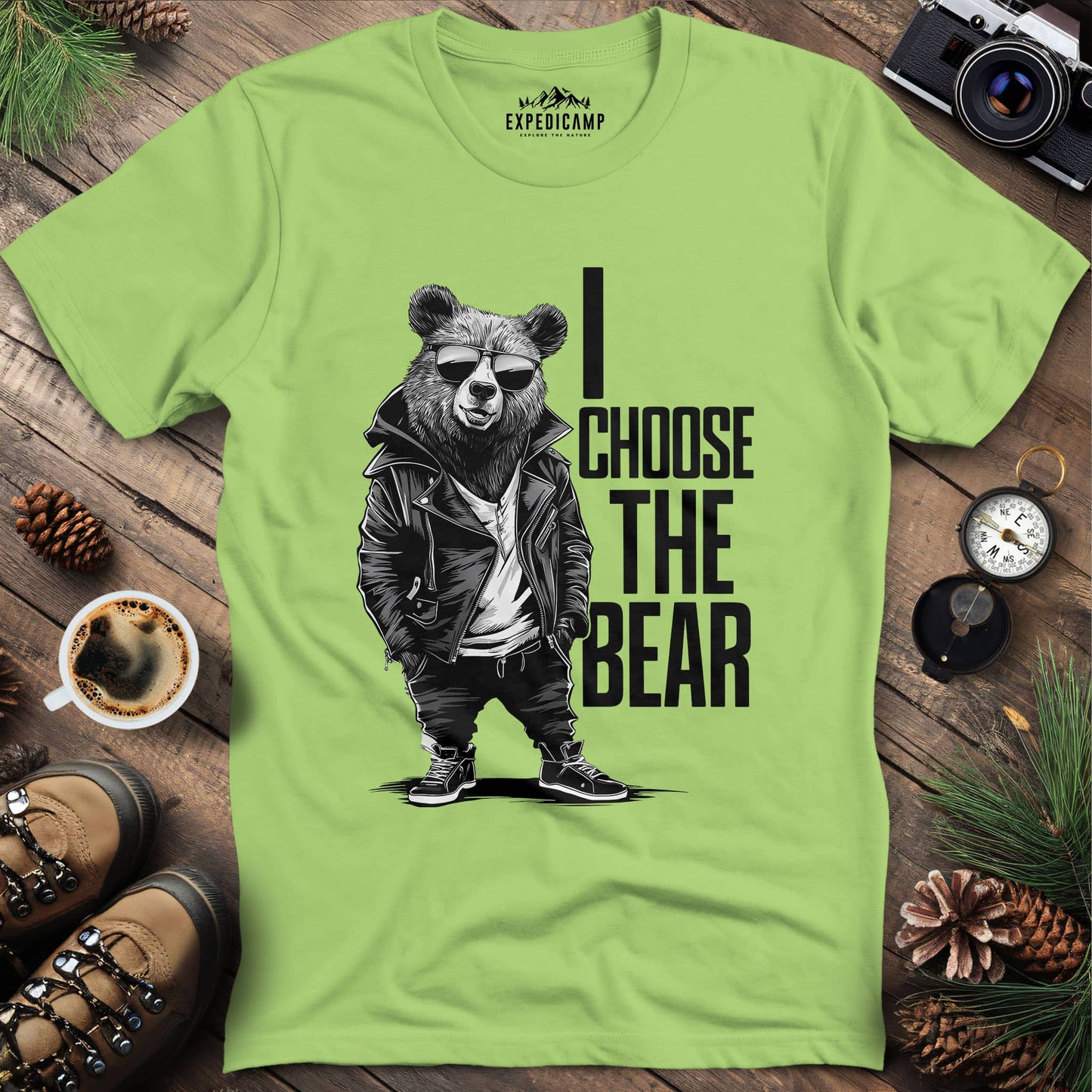 Street Style Bear in Jacket T-Shirt – Kiwi – Outdoor apparel for travel, hiking, camping, and nature lovers – ExpediCamp