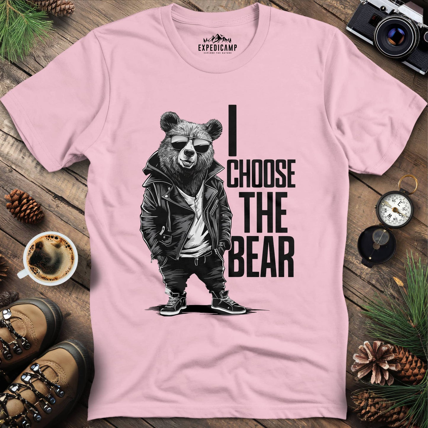 Street Style Bear in Jacket T-Shirt – Light Pink – Outdoor apparel for travel, hiking, camping, and nature lovers – ExpediCamp