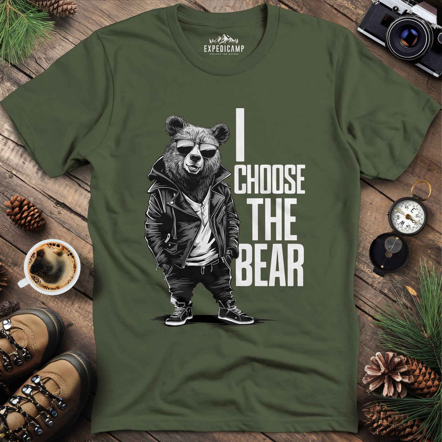 Street Style Bear in Jacket T-Shirt – Military Green – Outdoor apparel for travel, hiking, camping, and nature lovers – ExpediCamp