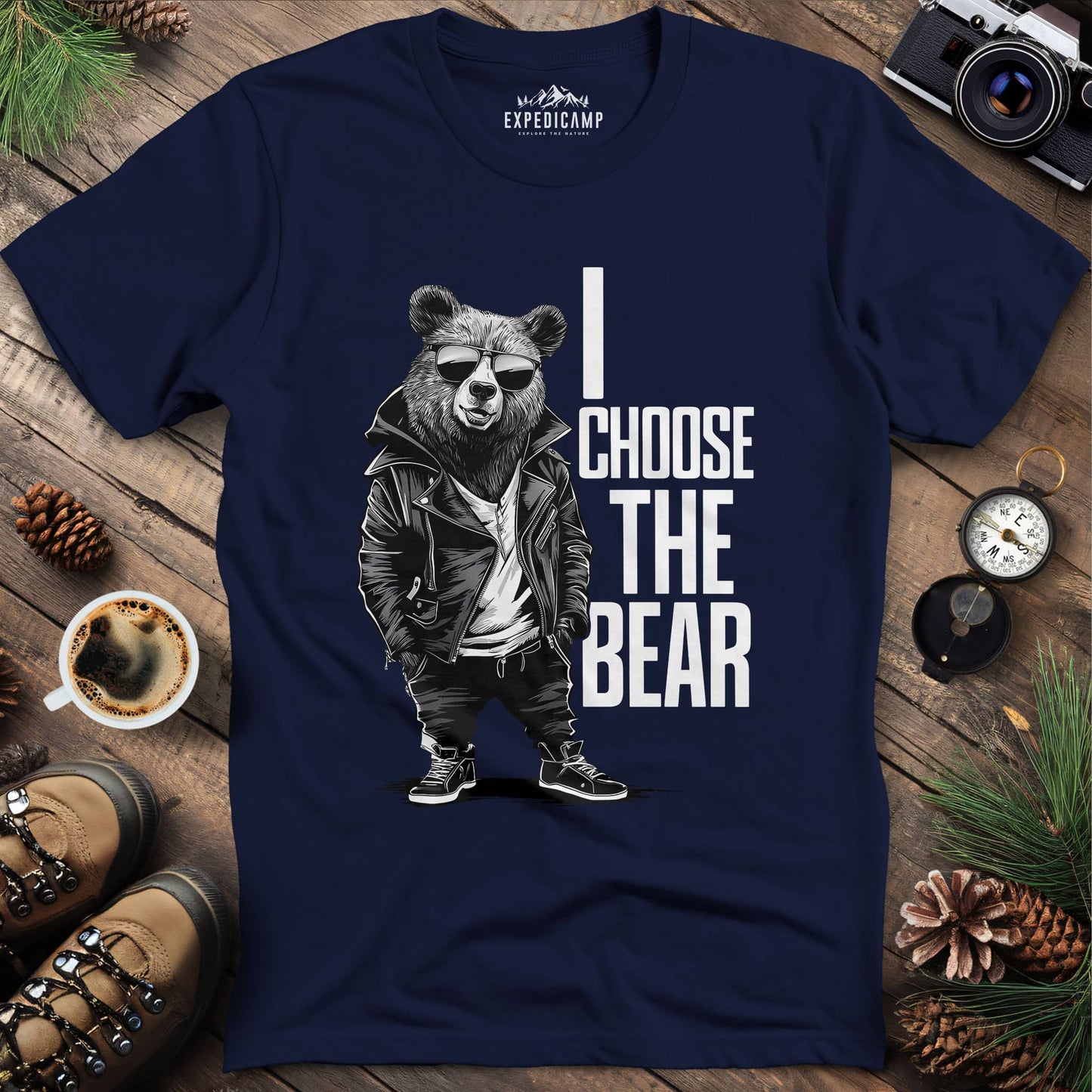 Street Style Bear in Jacket T-Shirt – Navy – Outdoor apparel for travel, hiking, camping, and nature lovers – ExpediCamp