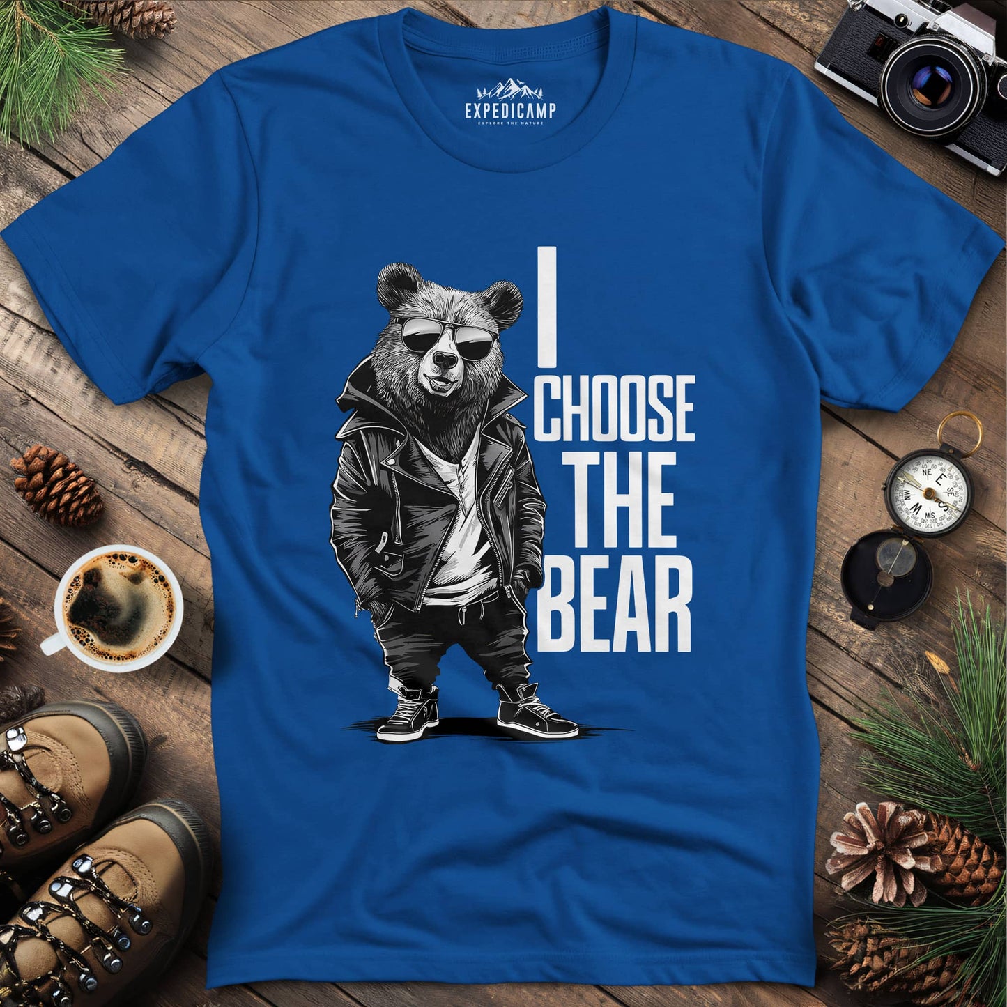 Street Style Bear in Jacket T-Shirt – Royal – Outdoor apparel for travel, hiking, camping, and nature lovers – ExpediCamp