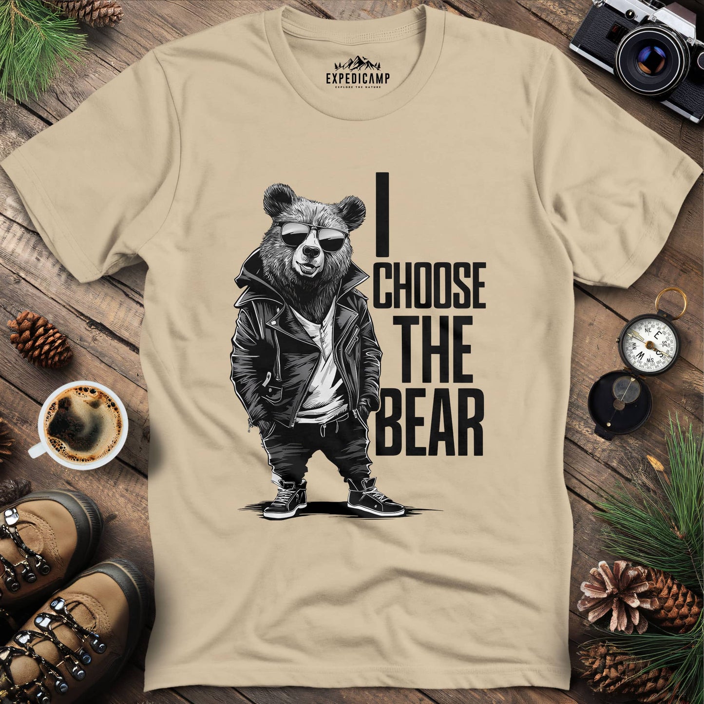 Street Style Bear in Jacket T-Shirt – Sand – Outdoor apparel for travel, hiking, camping, and nature lovers – ExpediCamp