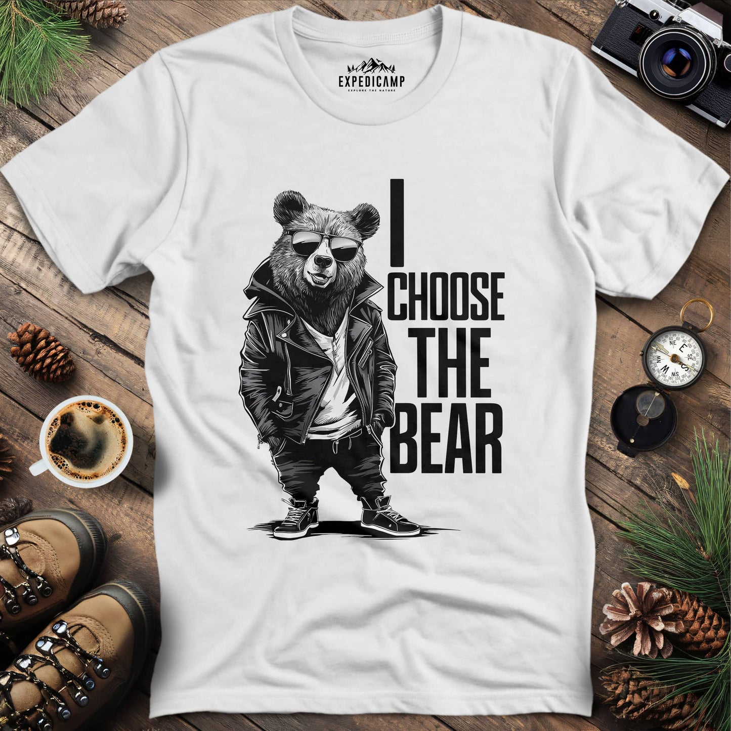 Street Style Bear in Jacket T-Shirt – White – Outdoor apparel for travel, hiking, camping, and nature lovers – ExpediCamp