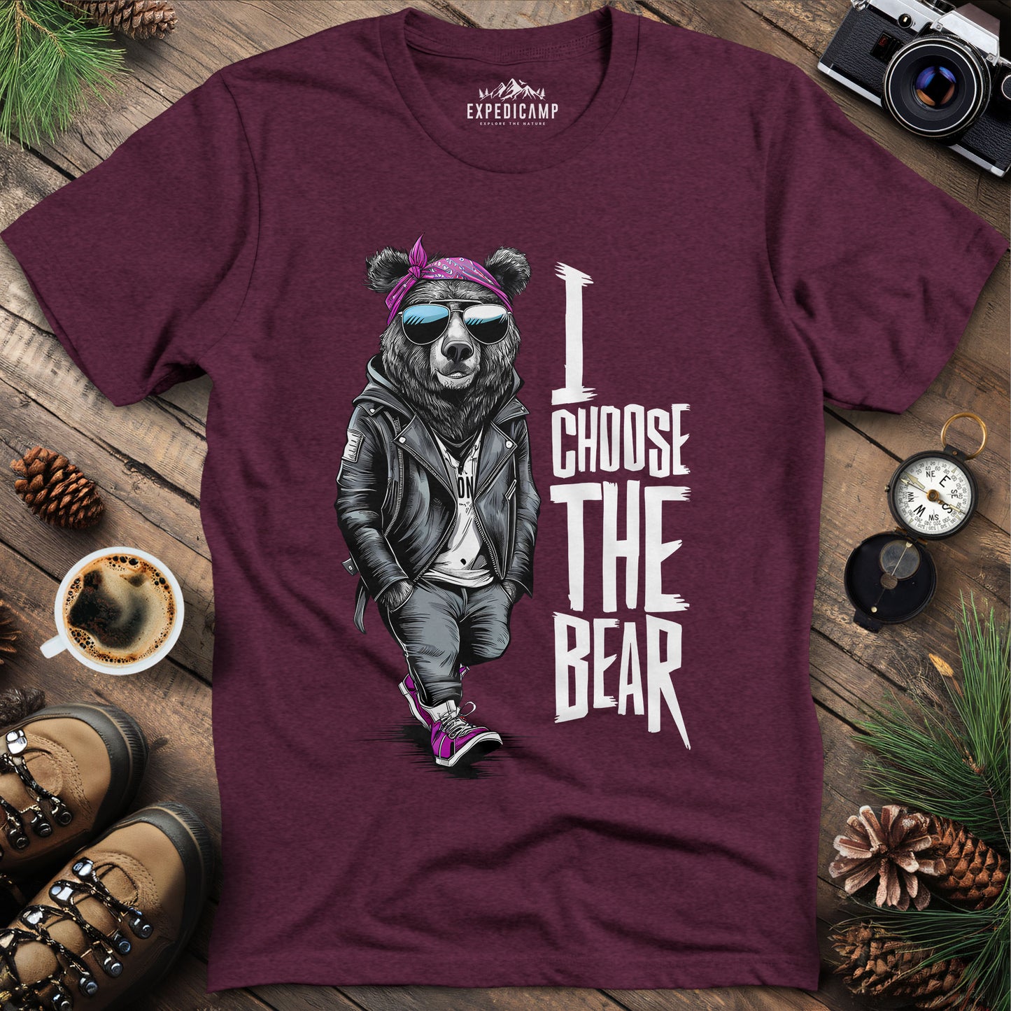 Stylish Hipster Bear I Choose The Bear T-Shirt – Heather Maroon – Outdoor apparel for travel, hiking, camping, and nature lovers – ExpediCamp