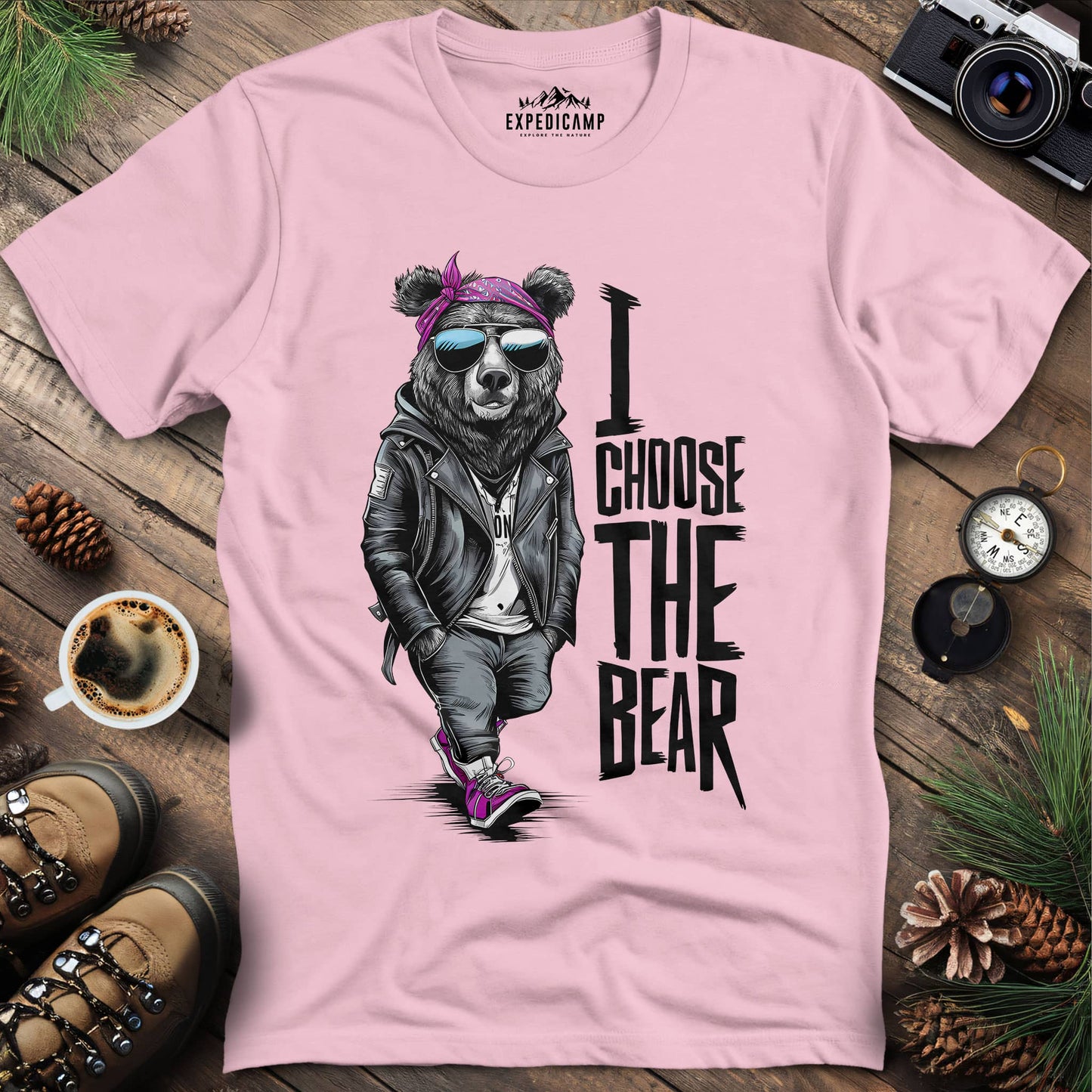 Stylish Hipster Bear I Choose The Bear T-Shirt – Light Pink – Outdoor apparel for travel, hiking, camping, and nature lovers – ExpediCamp