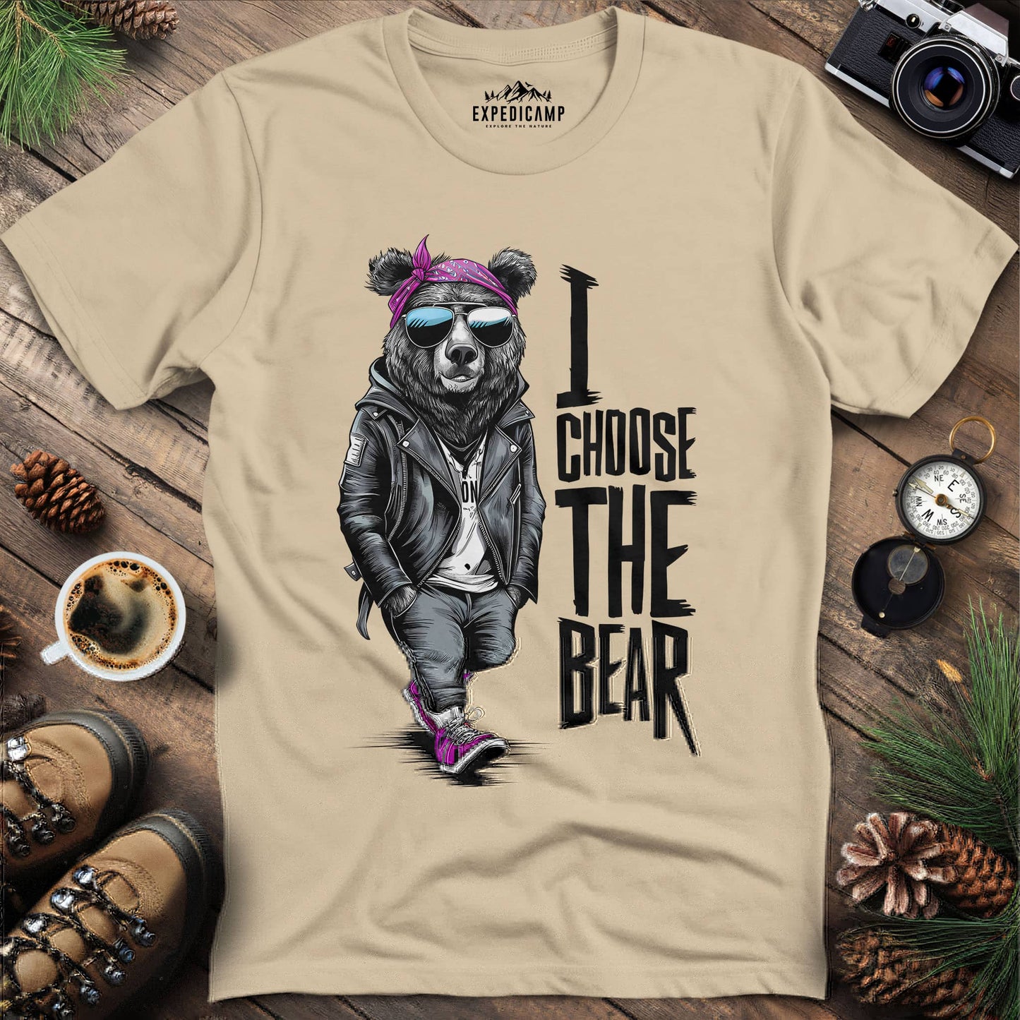 Stylish Hipster Bear I Choose The Bear T-Shirt – Sand – Outdoor apparel for travel, hiking, camping, and nature lovers – ExpediCamp