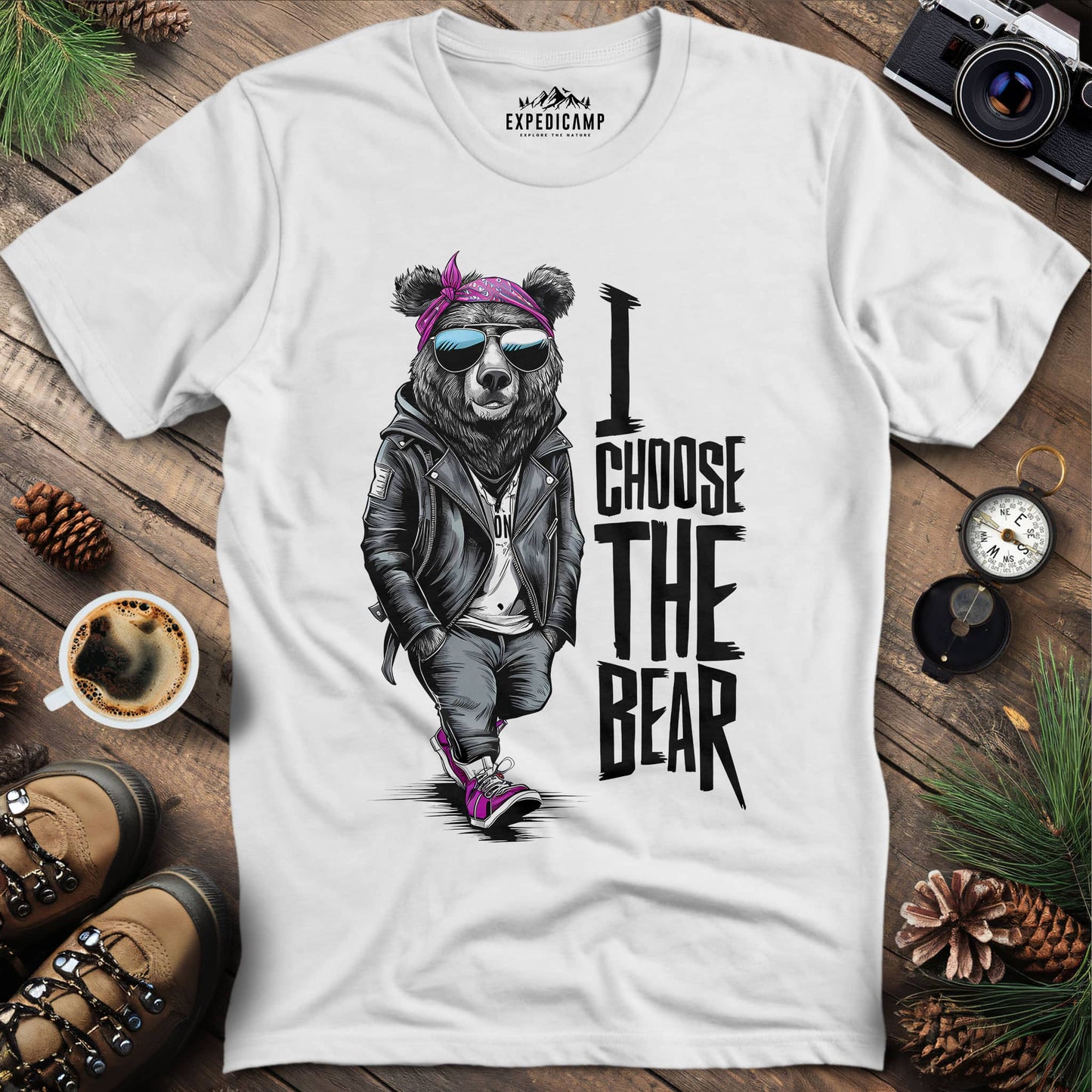 Stylish Hipster Bear I Choose The Bear T-Shirt – White – Outdoor apparel for travel, hiking, camping, and nature lovers – ExpediCamp