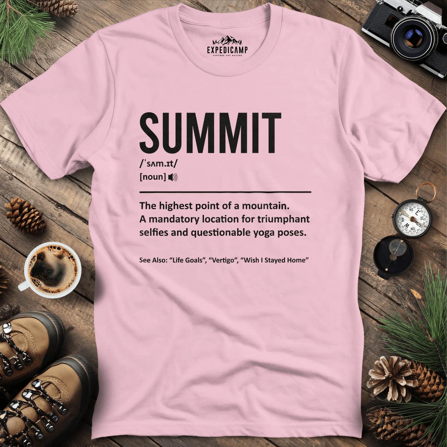 Summit Definition T-Shirt – Light Pink – Outdoor apparel for travel, hiking, camping, and nature lovers – ExpediCamp