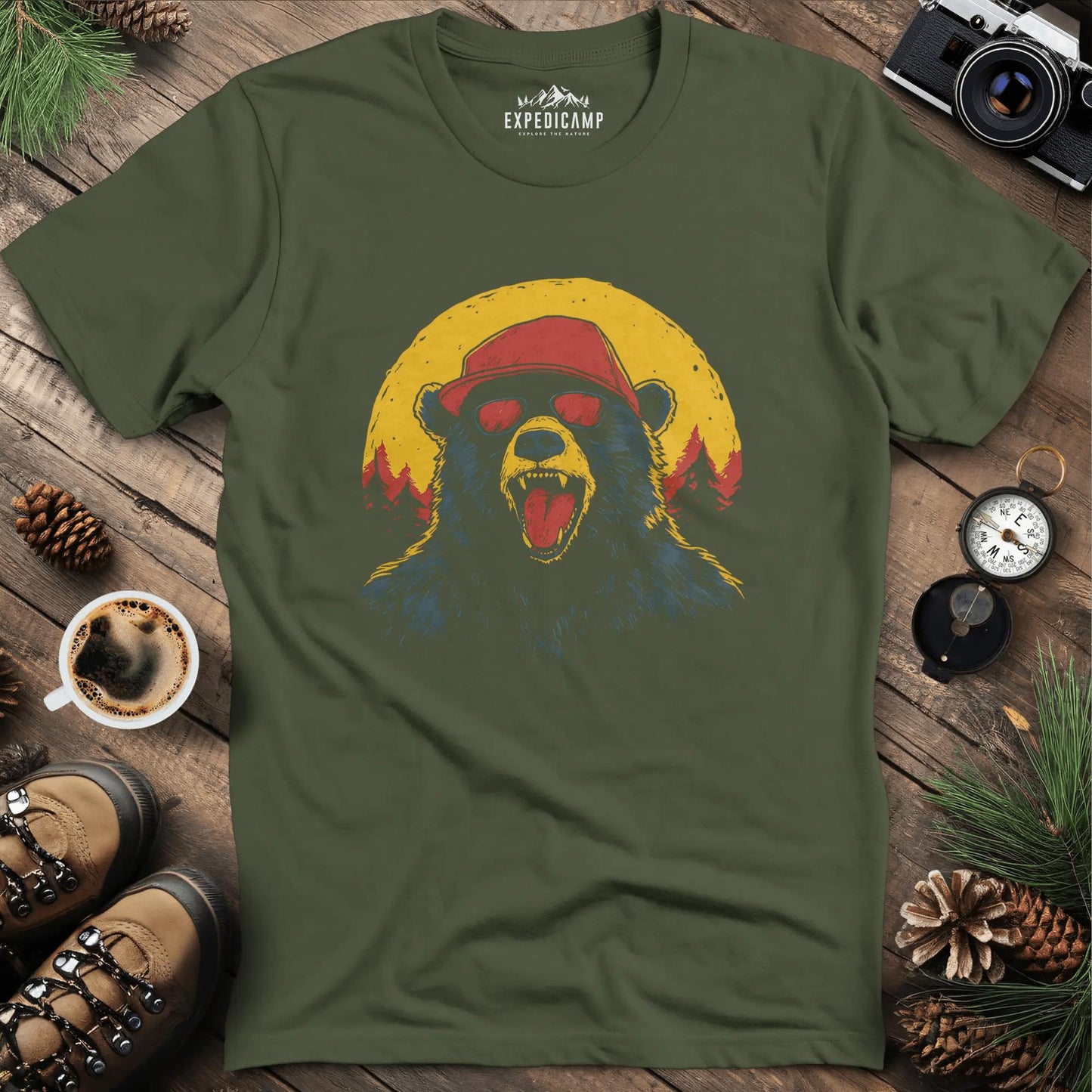 Sunglasses Bear T-Shirt – Cool Bear in the Wild Design – Military Green – Outdoor apparel for travel, hiking, camping, and nature lovers – ExpediCamp