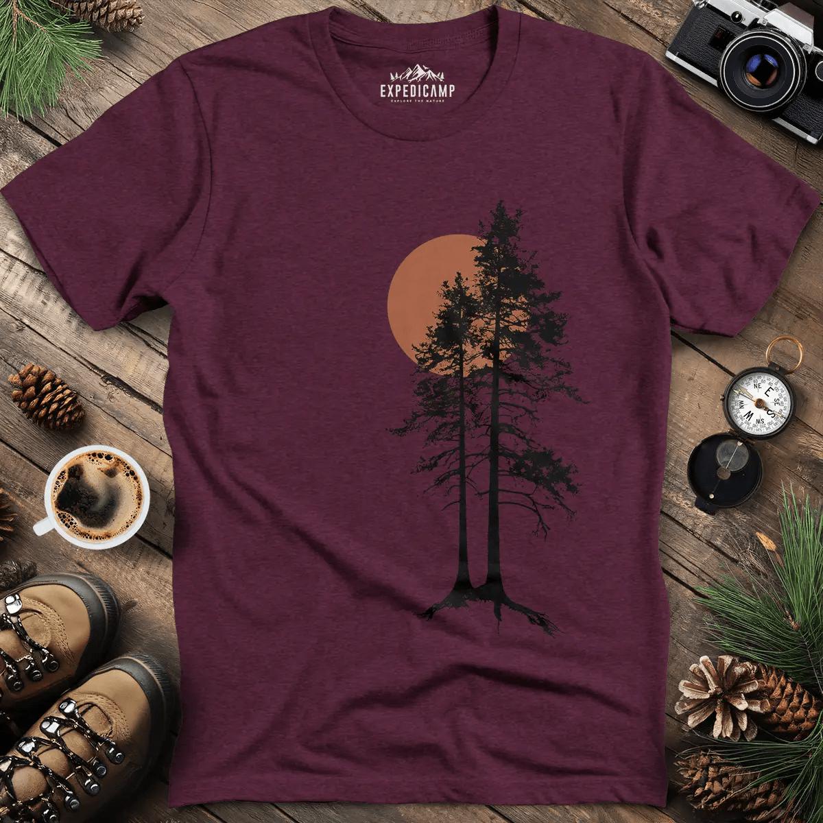 Sunset Forest Silhouette T-Shirt – Heather Maroon – Outdoor apparel for travel, hiking, camping, and nature lovers – ExpediCamp