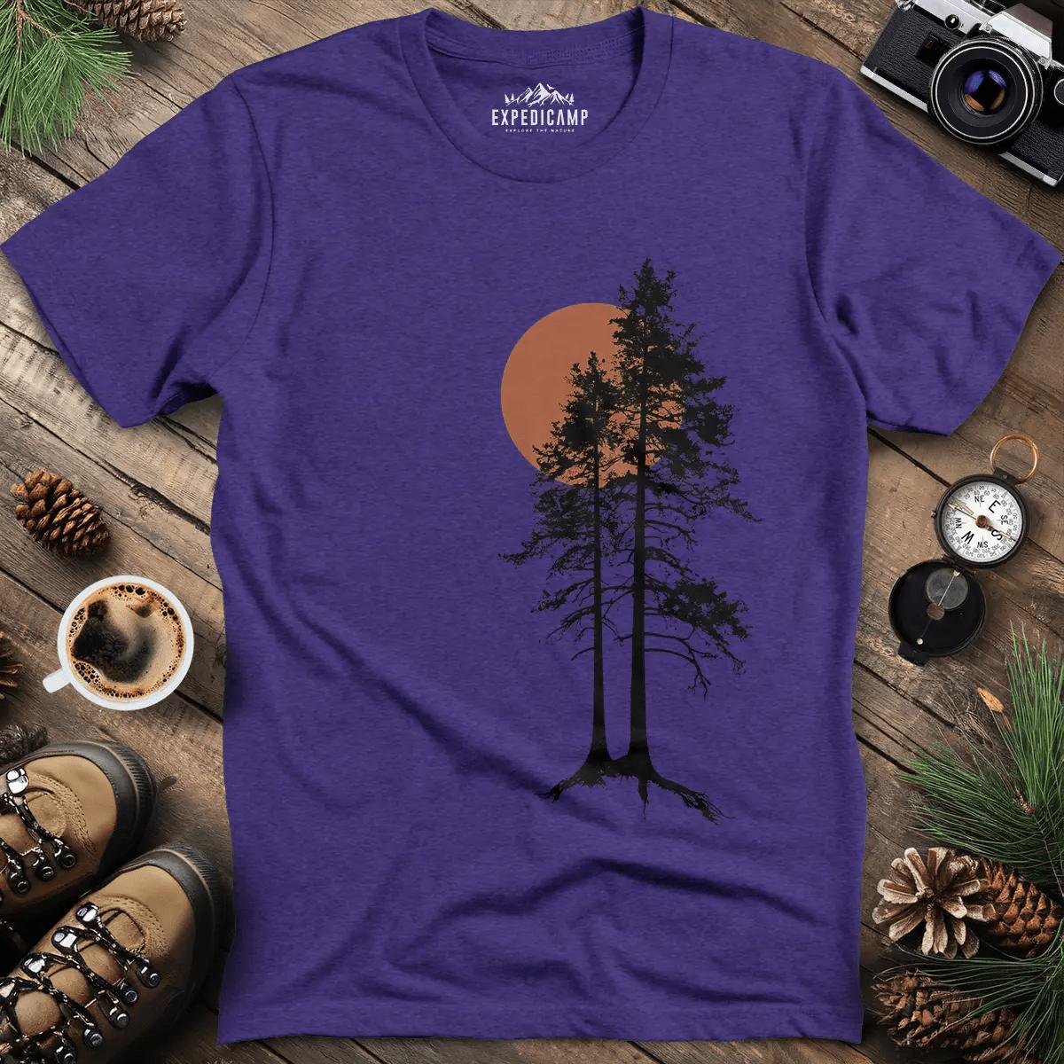 Sunset Forest Silhouette T-Shirt – Heather Purple – Outdoor apparel for travel, hiking, camping, and nature lovers – ExpediCamp