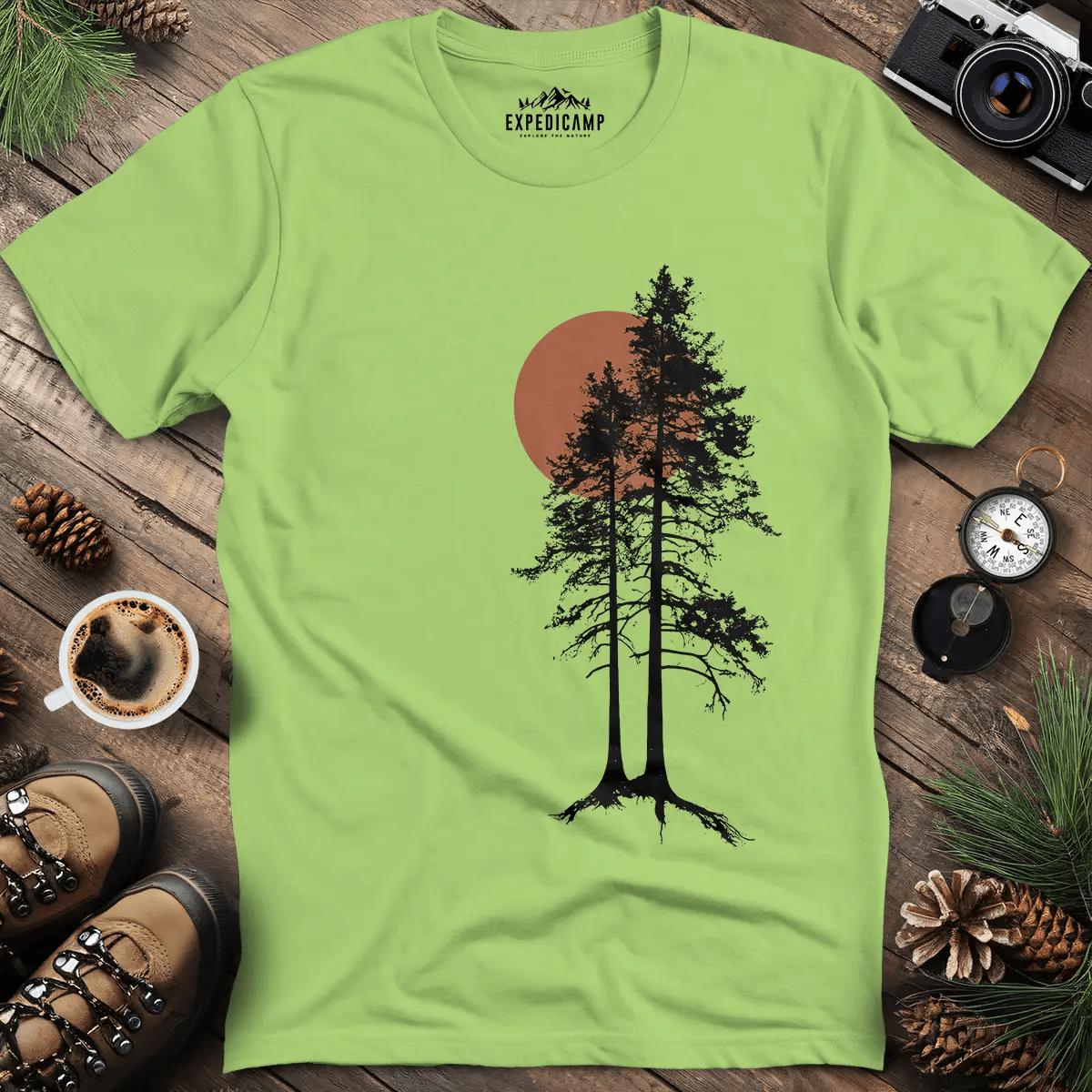 Sunset Forest Silhouette T-Shirt – Kiwi – Outdoor apparel for travel, hiking, camping, and nature lovers – ExpediCamp