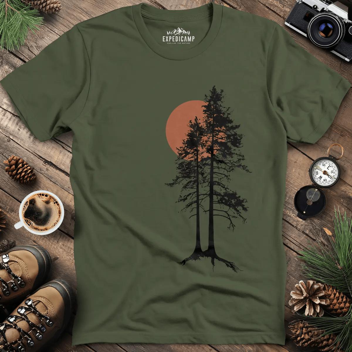 Sunset Forest Silhouette T-Shirt – Military Green – Outdoor apparel for travel, hiking, camping, and nature lovers – ExpediCamp