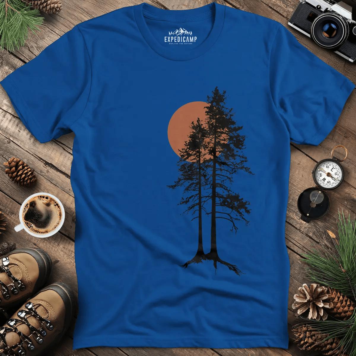 Sunset Forest Silhouette T-Shirt – Royal – Outdoor apparel for travel, hiking, camping, and nature lovers – ExpediCamp