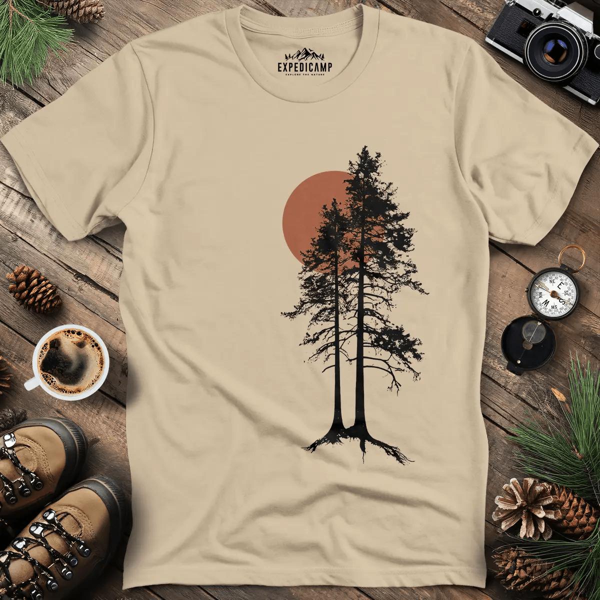 Sunset Forest Silhouette T-Shirt – Sand – Outdoor apparel for travel, hiking, camping, and nature lovers – ExpediCamp