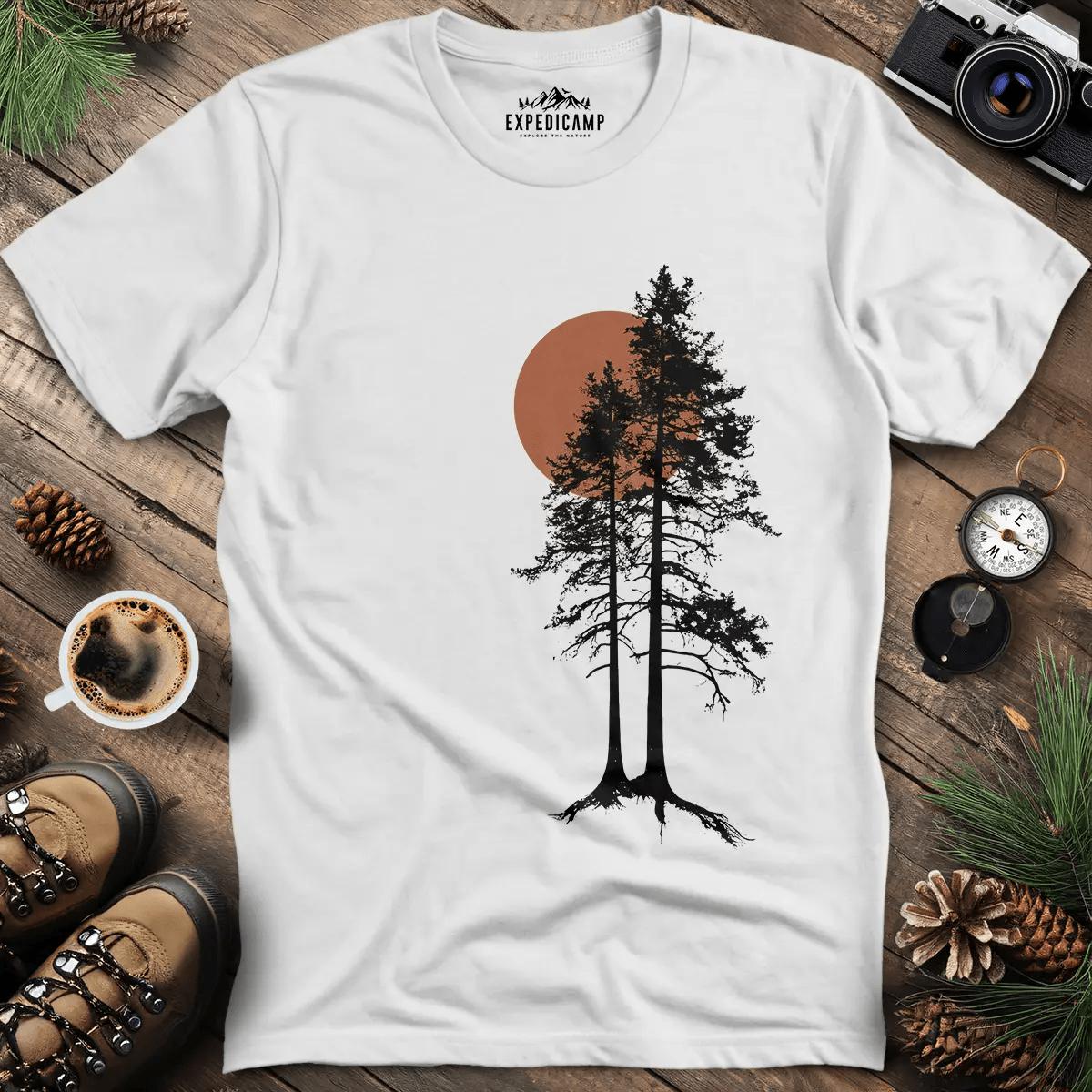 Sunset Forest Silhouette T-Shirt – White – Outdoor apparel for travel, hiking, camping, and nature lovers – ExpediCamp