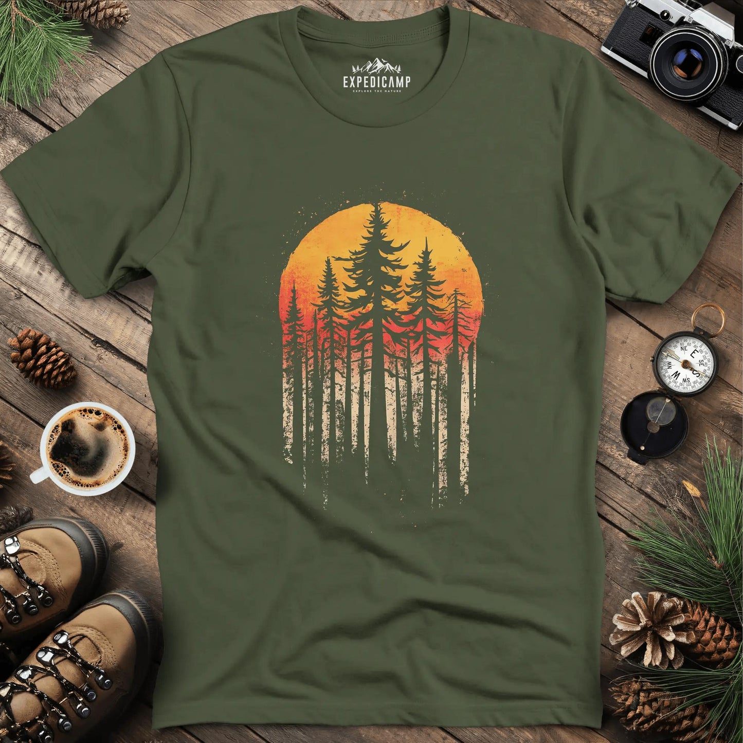 Sunset Forest T-Shirt – Military Green – Outdoor apparel for travel, hiking, camping, and nature lovers – ExpediCamp