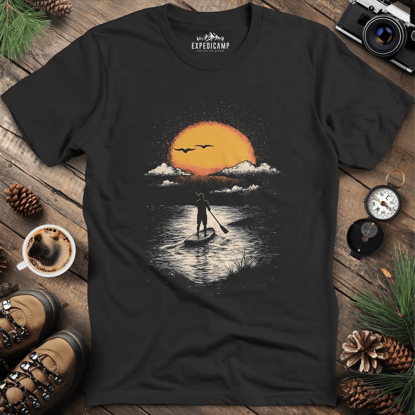 Sunset Paddleboard Adventure T-Shirt – Black – Outdoor apparel for travel, hiking, camping, and nature lovers – ExpediCamp