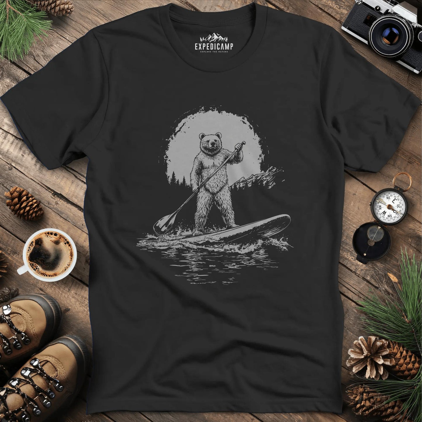 Sup Bear Paddleboarding Graphic T-Shirt – Black – Outdoor apparel for travel, hiking, camping, and nature lovers – ExpediCamp
