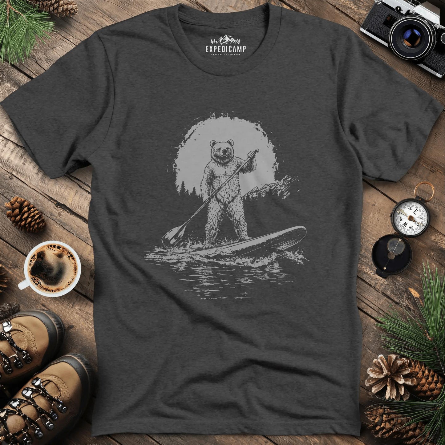Sup Bear Paddleboarding Graphic T-Shirt – Dark Heather – Outdoor apparel for travel, hiking, camping, and nature lovers – ExpediCamp
