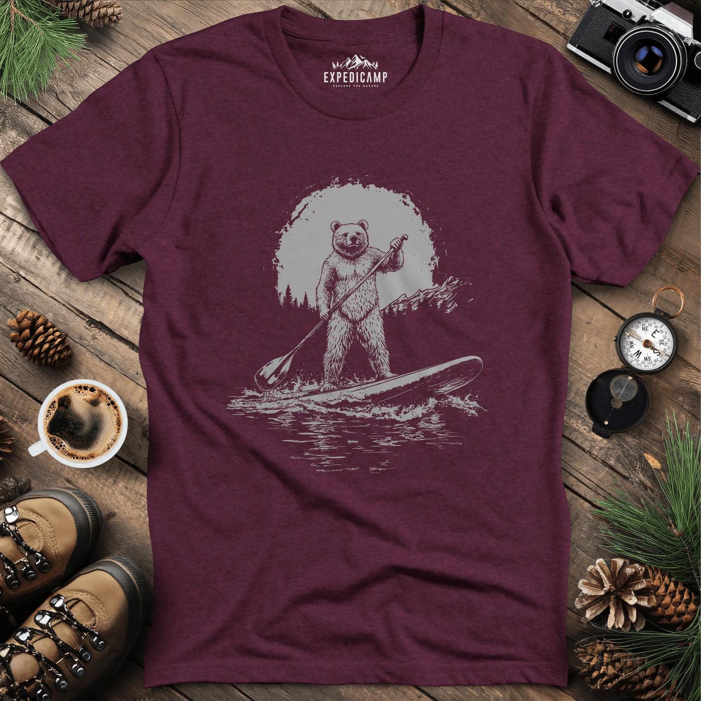 Sup Bear Paddleboarding Graphic T-Shirt – Heather Maroon – Outdoor apparel for travel, hiking, camping, and nature lovers – ExpediCamp