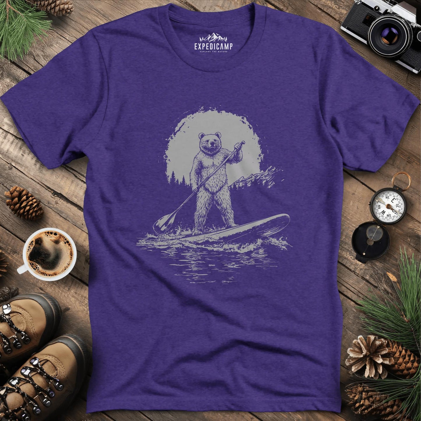 Sup Bear Paddleboarding Graphic T-Shirt – Heather Purple – Outdoor apparel for travel, hiking, camping, and nature lovers – ExpediCamp