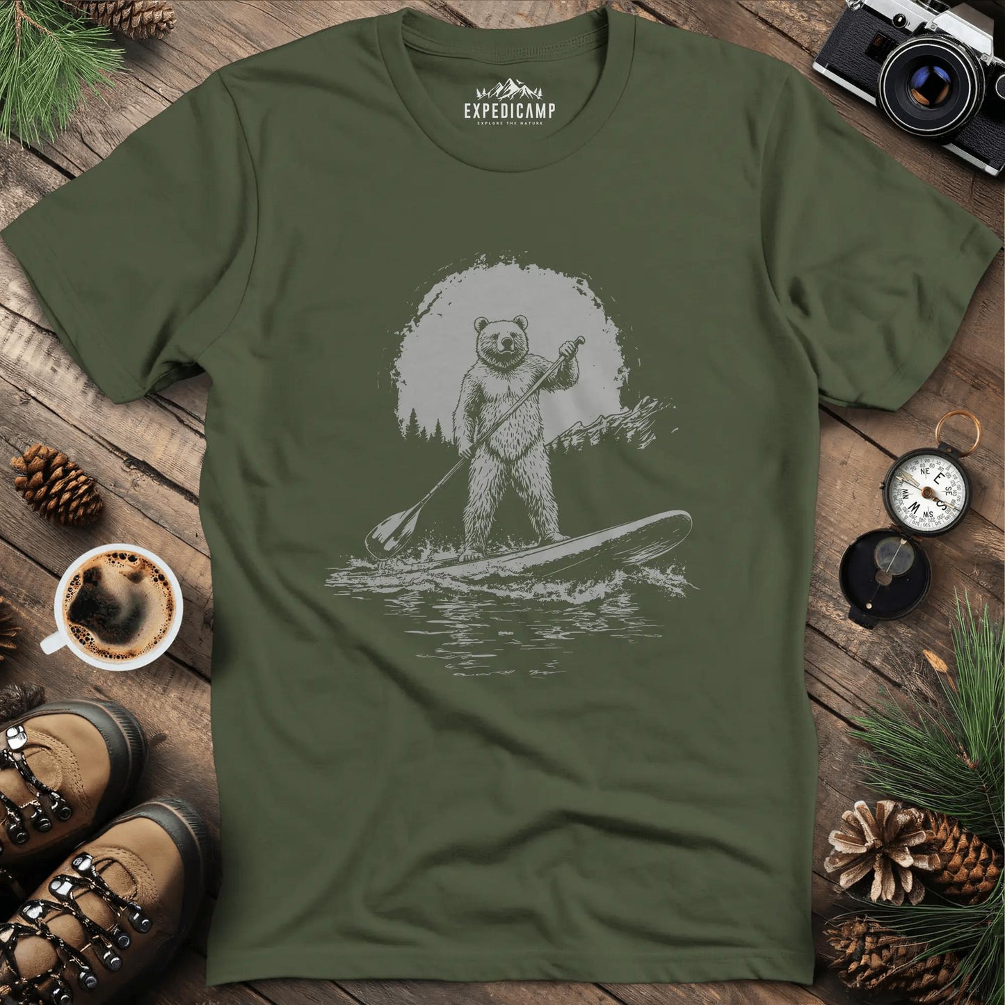 Sup Bear Paddleboarding Graphic T-Shirt – Military Green – Outdoor apparel for travel, hiking, camping, and nature lovers – ExpediCamp