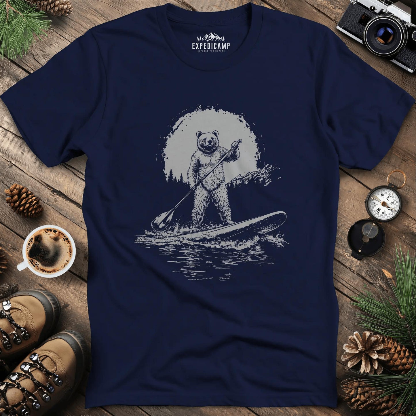 Sup Bear Paddleboarding Graphic T-Shirt – Navy – Outdoor apparel for travel, hiking, camping, and nature lovers – ExpediCamp