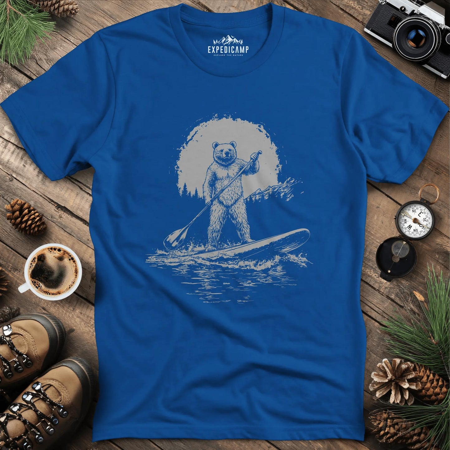 Sup Bear Paddleboarding Graphic T-Shirt – Royal – Outdoor apparel for travel, hiking, camping, and nature lovers – ExpediCamp