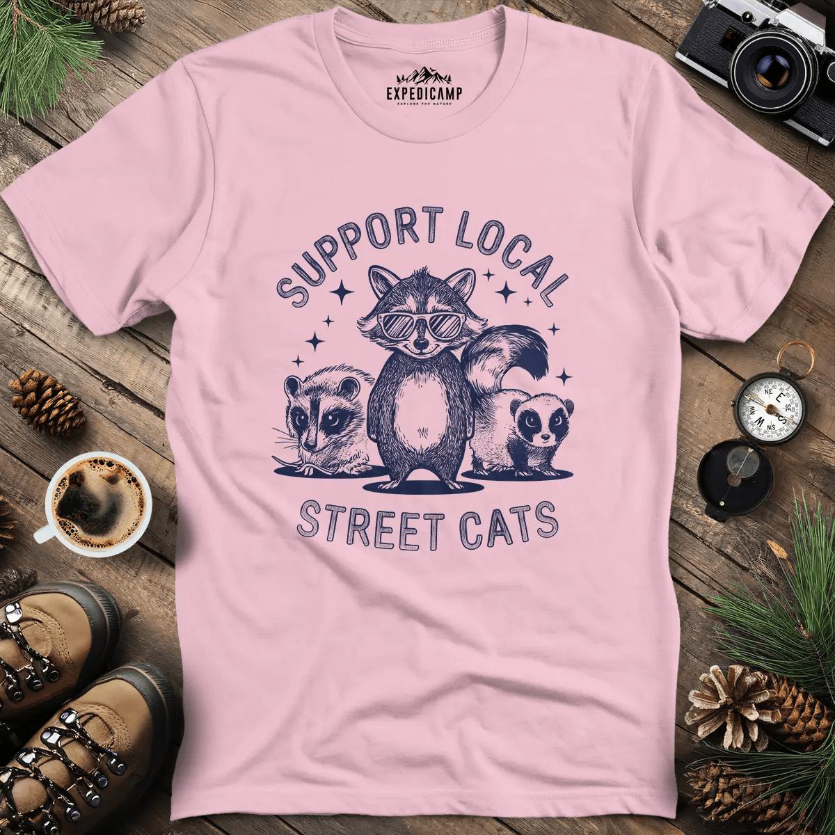 Support Local Street Cats T-Shirt – Light Pink – Outdoor apparel for travel, hiking, camping, and nature lovers – ExpediCamp