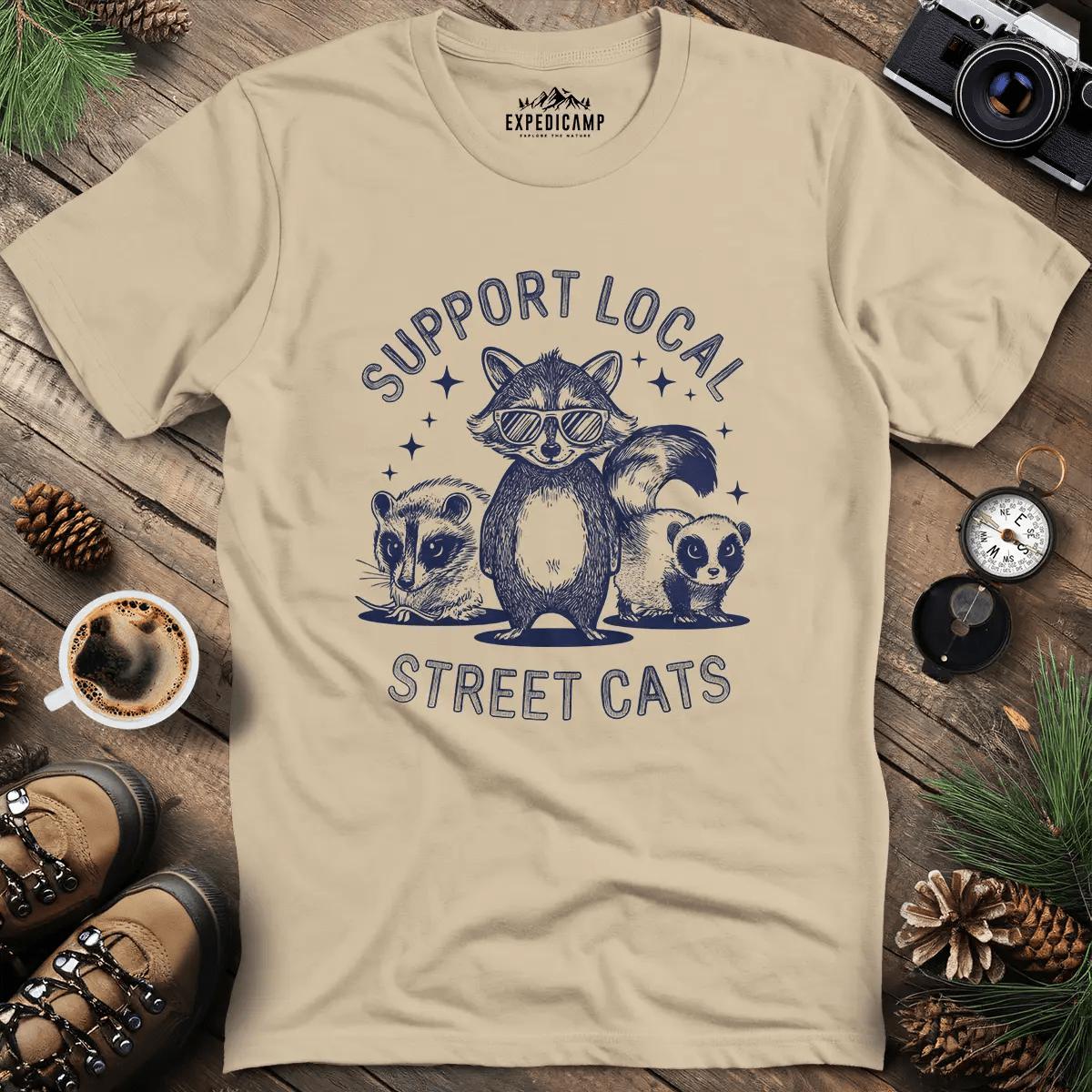 Support Local Street Cats T-Shirt – Sand – Outdoor apparel for travel, hiking, camping, and nature lovers – ExpediCamp