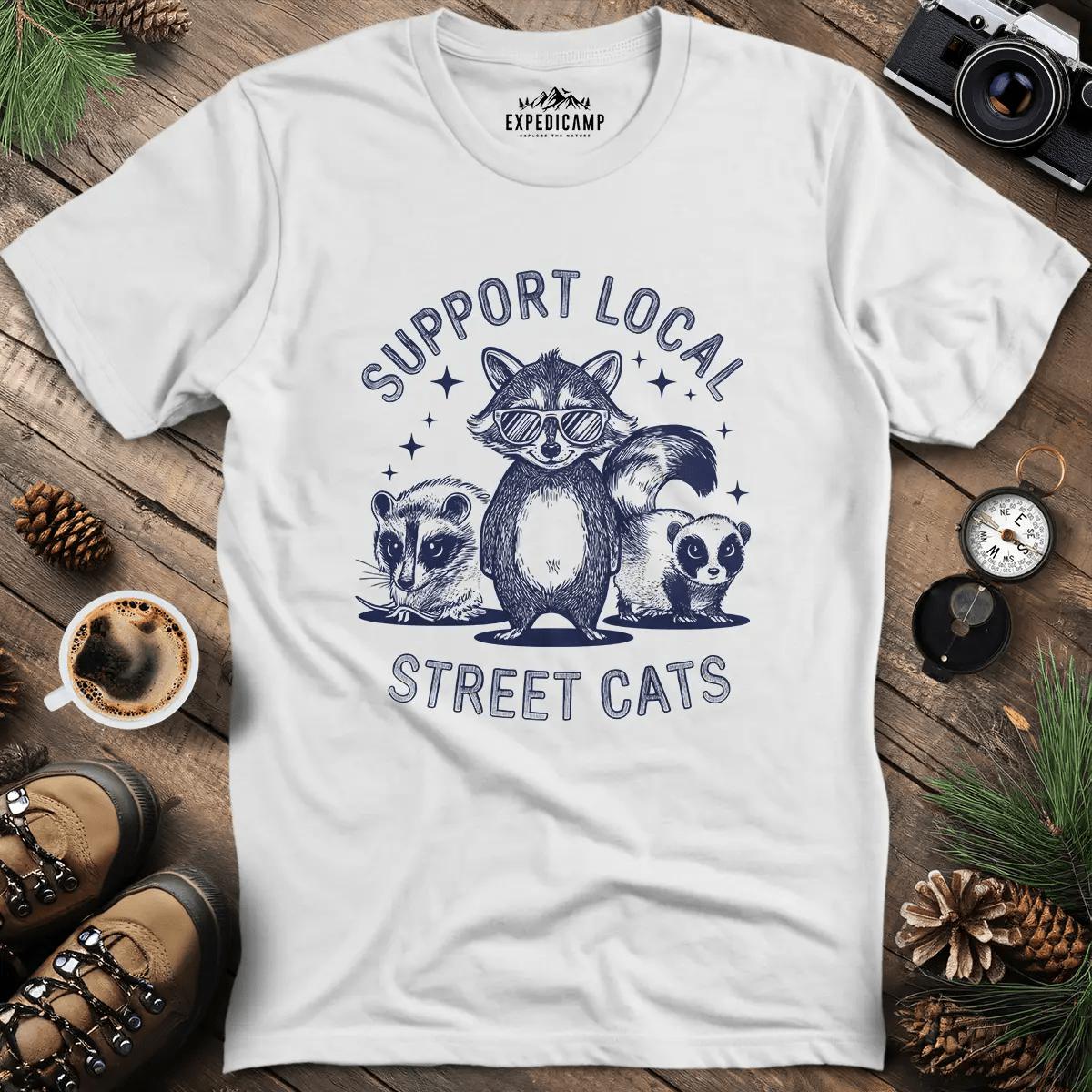 Support Local Street Cats T-Shirt – White – Outdoor apparel for travel, hiking, camping, and nature lovers – ExpediCamp