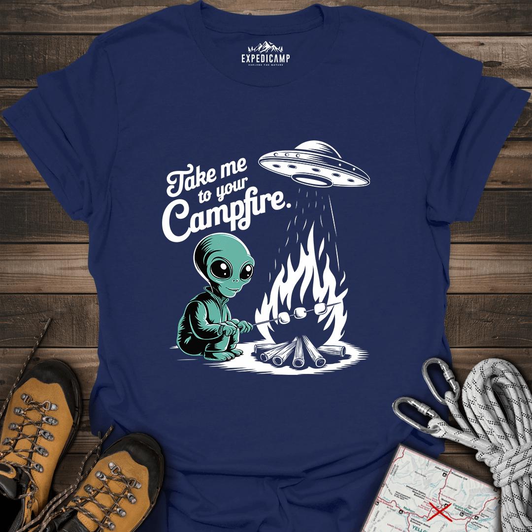 Take Me To Your Campfire T-Shirt – Navy – Outdoor apparel for travel, hiking, camping, and nature lovers – ExpediCamp