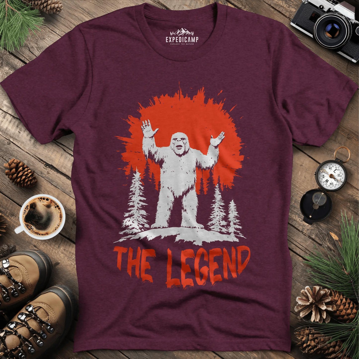The Legend Bigfoot T-Shirt – Heather Maroon – Outdoor apparel for travel, hiking, camping, and nature lovers – ExpediCamp