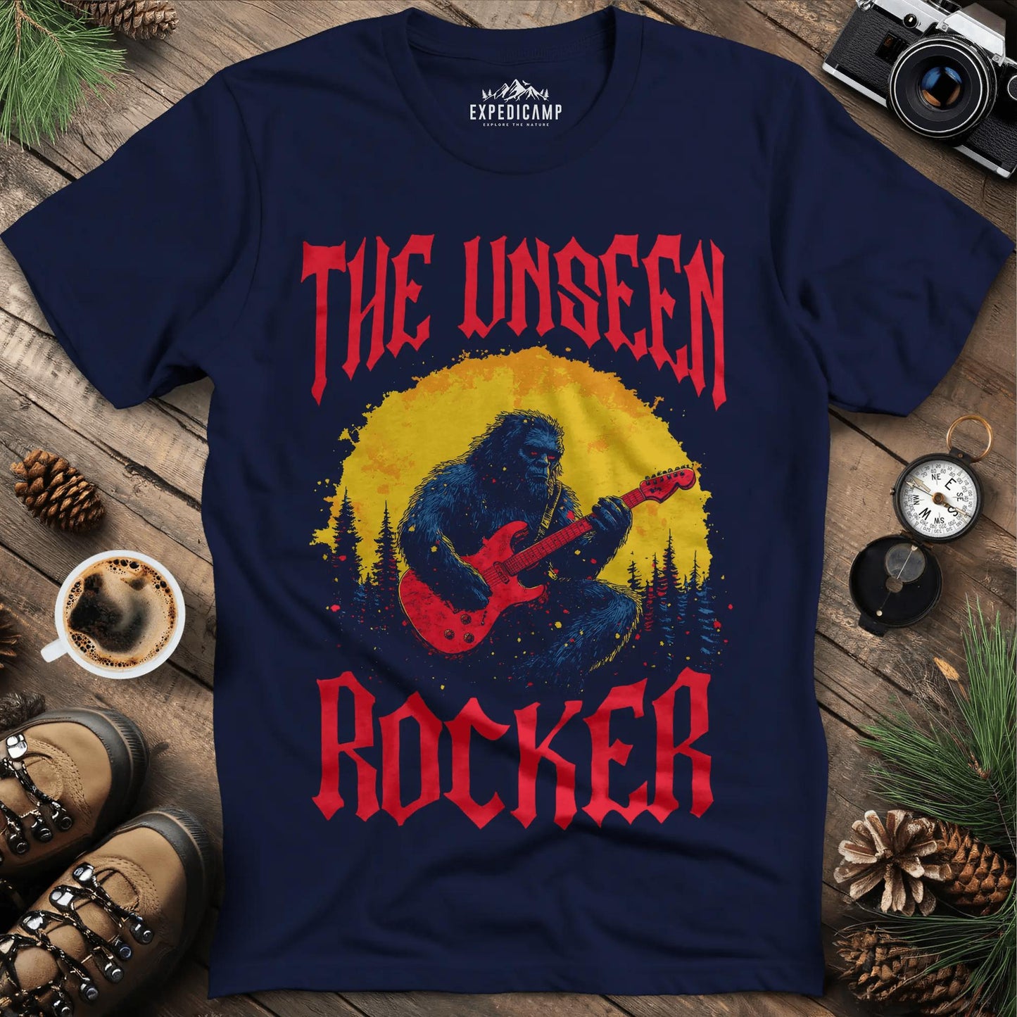 The Unseen Rocker Bigfoot T-Shirt – Navy – Outdoor apparel for travel, hiking, camping, and nature lovers – ExpediCamp
