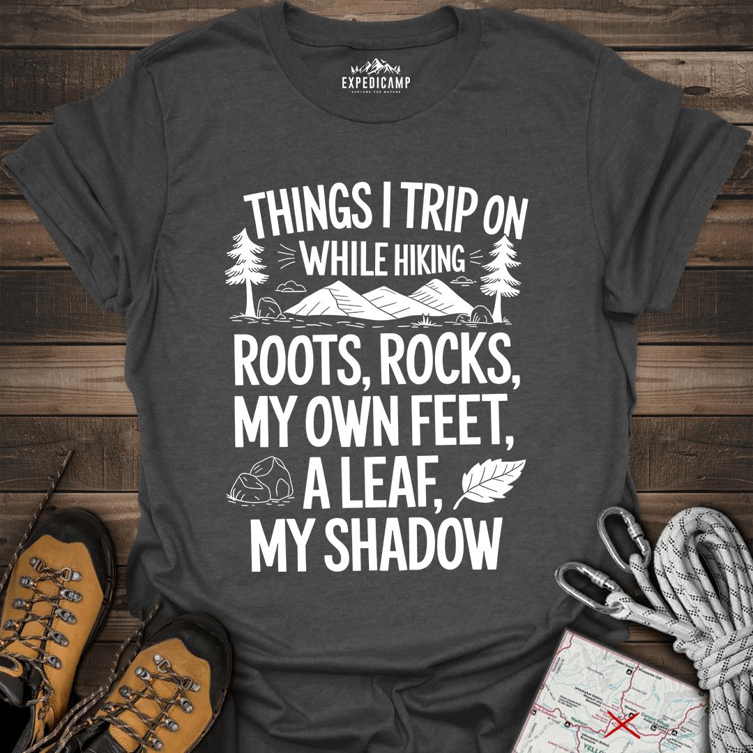 Things I Trip On While Hiking T-Shirt – Dark Heather – Outdoor apparel for travel, hiking, camping, and nature lovers – ExpediCamp