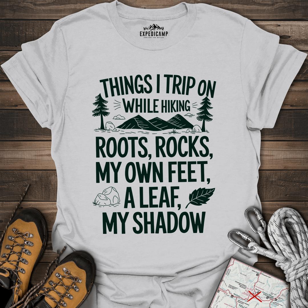 Things I Trip On While Hiking T-Shirt – Ice Grey – Outdoor apparel for travel, hiking, camping, and nature lovers – ExpediCamp