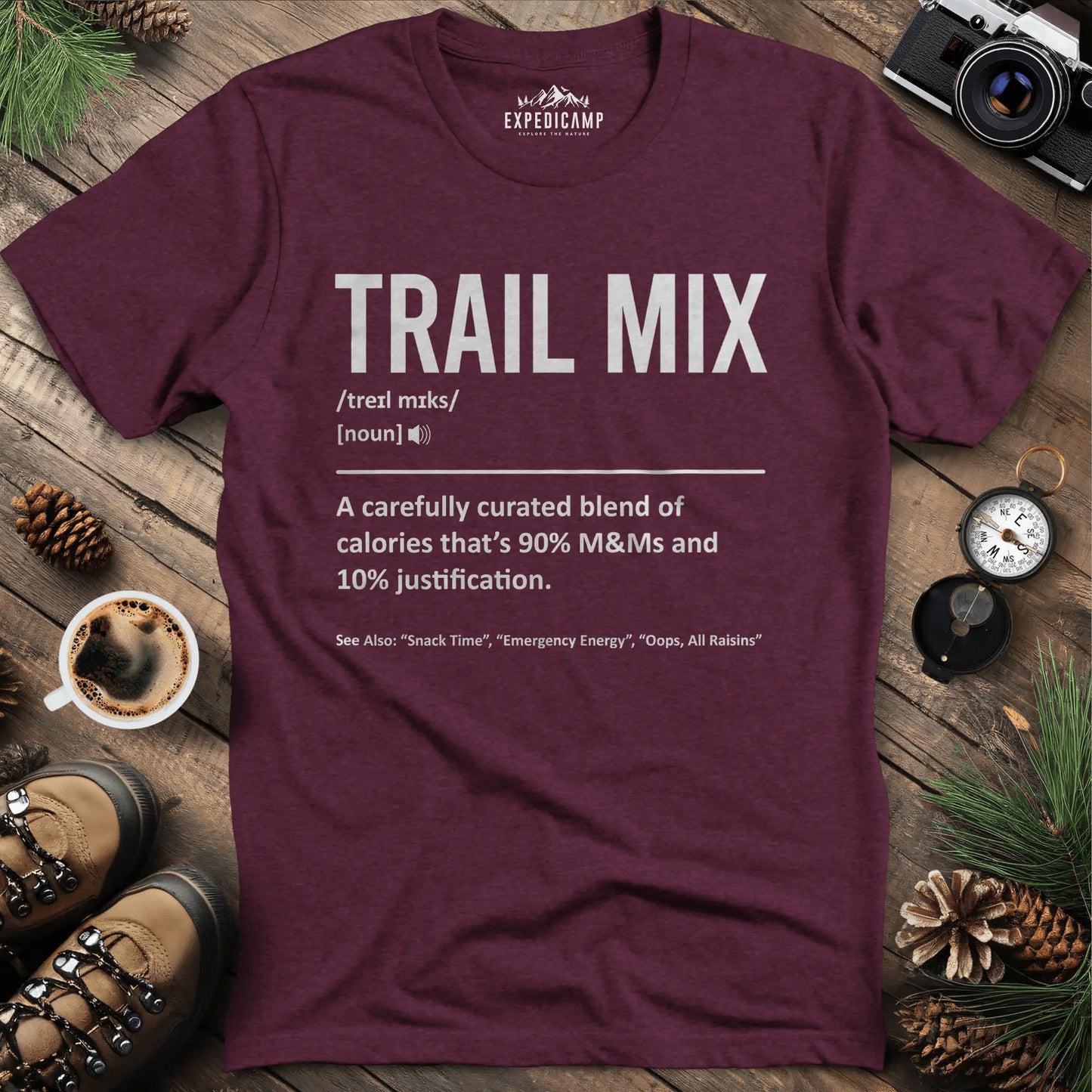 Trail Mix Definition T-Shirt – Heather Maroon – Outdoor apparel for travel, hiking, camping, and nature lovers – ExpediCamp