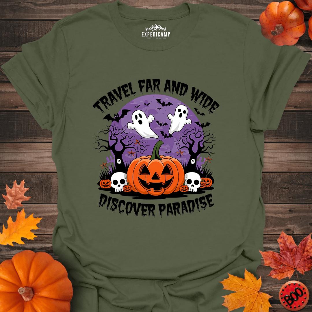 Travel Far And Wide Discover Paradise T-Shirt – Military Green – Outdoor apparel for travel, hiking, camping, and nature lovers – ExpediCamp