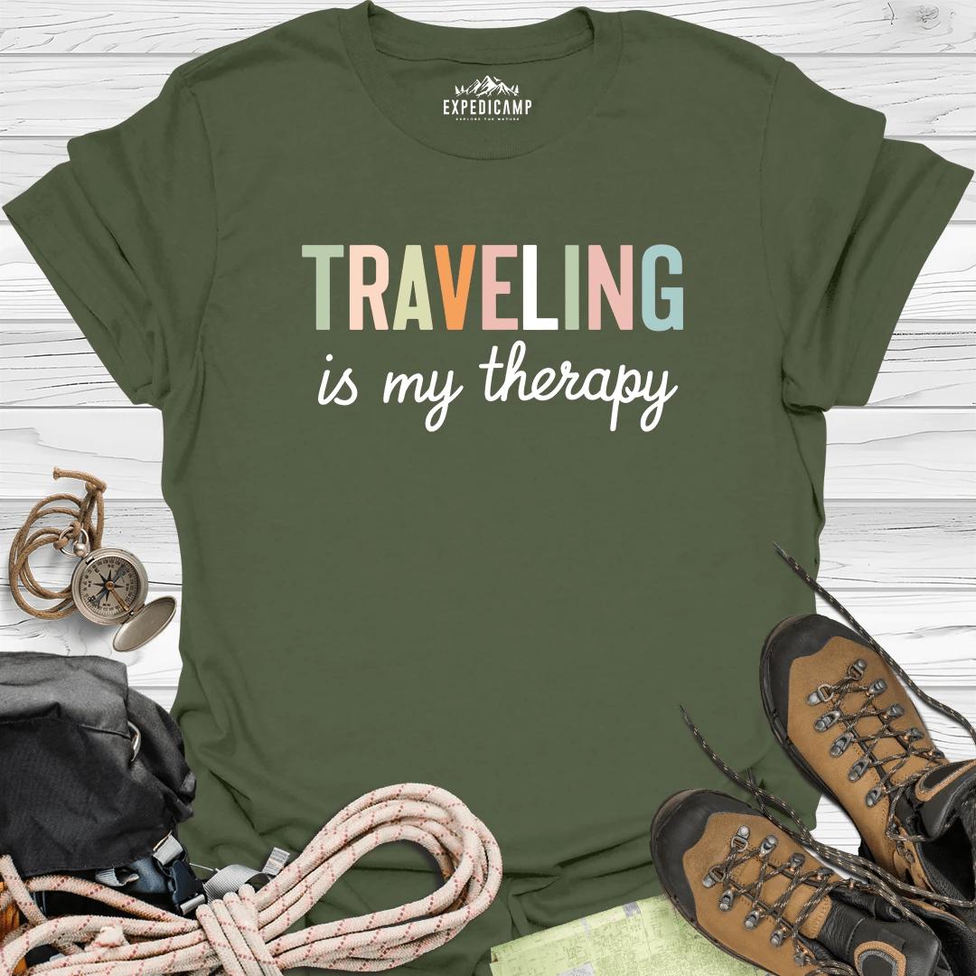 Traveling Is My Therapy T-Shirt – Military Green – Outdoor apparel for travel, hiking, camping, and nature lovers – ExpediCamp